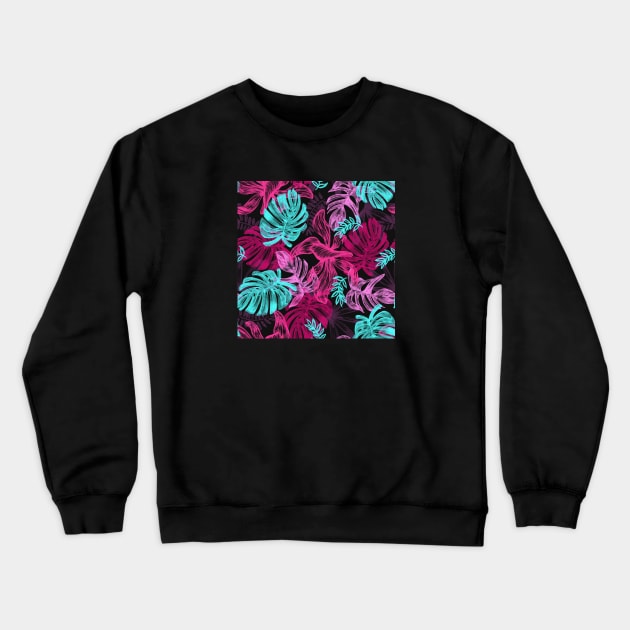 Neon Tropical Leaves Summer Pattern Crewneck Sweatshirt by MysticMagpie